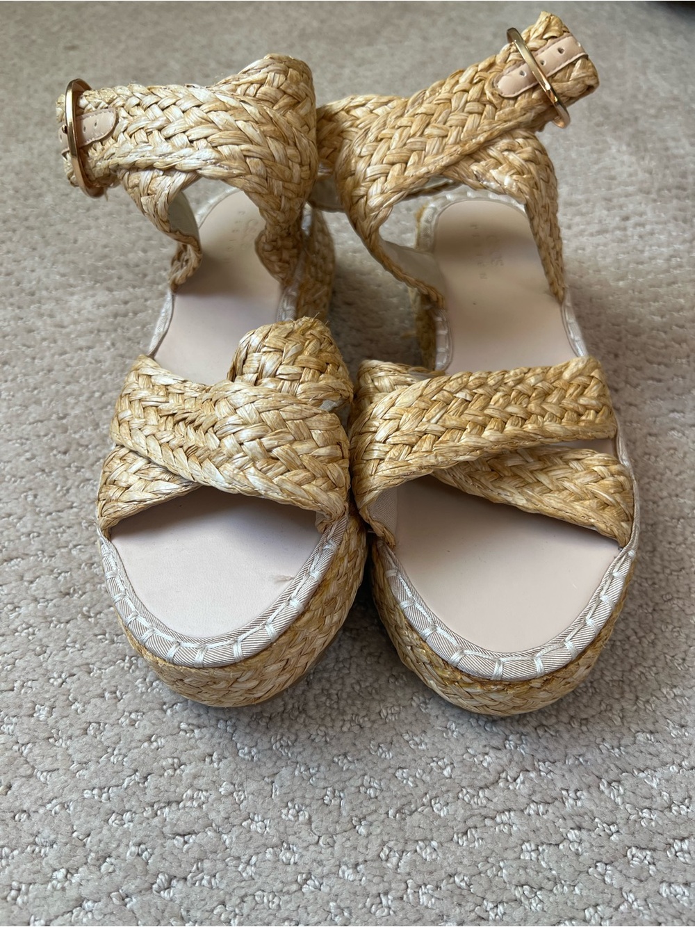 Woven Straw Platform Sandals with Ankle Strap - Natural
